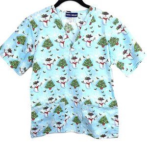 Christmas Snowmen Scrub Top Trees Holly Size Medium Blue White Red